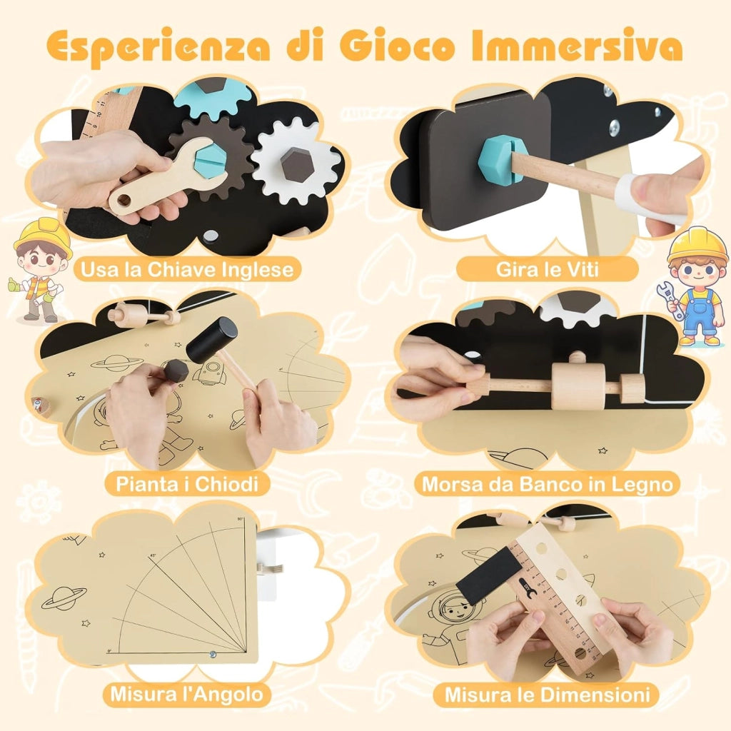 Banco da Lavoro in Legno per Bambini, Set Attrezzi Giocattolo con Martello, Cesello, Chiave Inglese, Ripiani e Ganci per Archivio, Tavolo da Lavoro Giocattolo Officina 3+ Anni