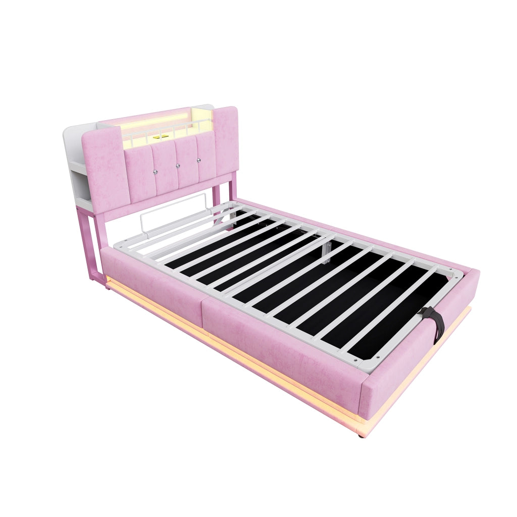 Letto singolo per bambini con LED e USB - Xylo - 90x200 - Rosa - Regolazione idraulica