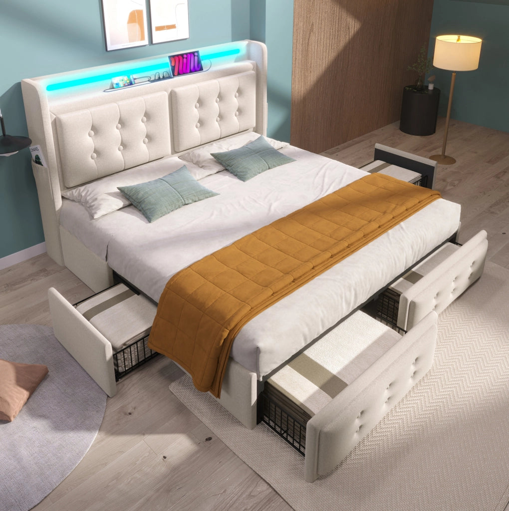Letto matrimoniale 180x200 cm con LED; USB C e 4 cassetti; tessuto beige