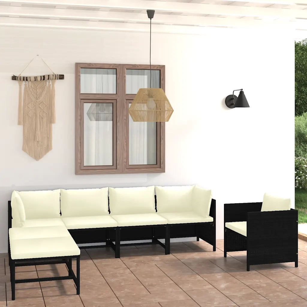 Set Divani da Giardino 7 pz | Set Salotto da Giardino con Cuscini in Polyrattan Nero