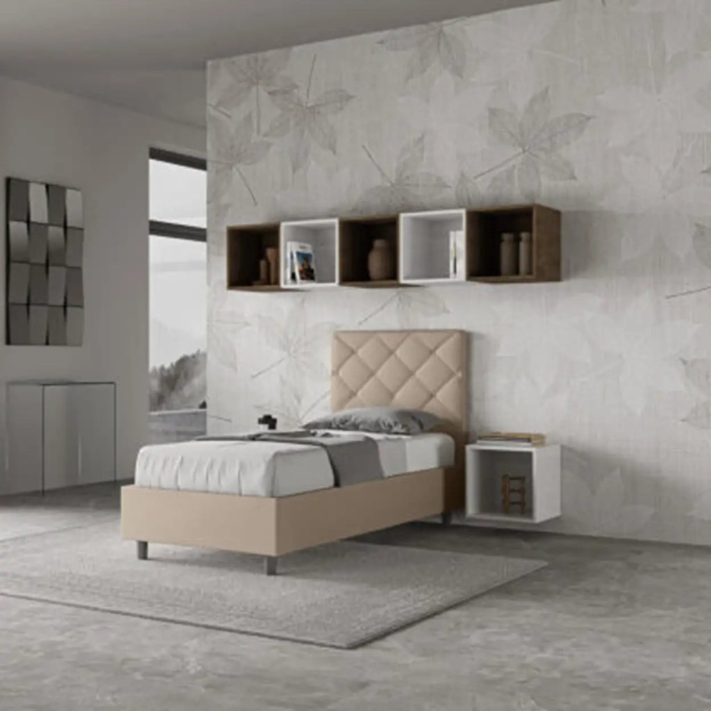 Letto singolo con rete imbottito 80x200 similpelle tortora Priya