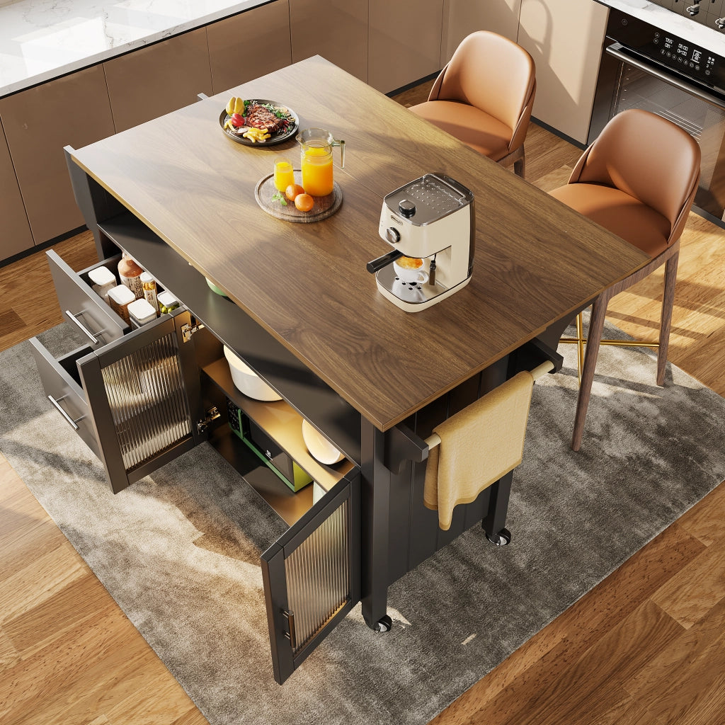 Isola Cucina con Vetrina LED e Ruote ¨C MINIMAL ¨C Nero, Legno