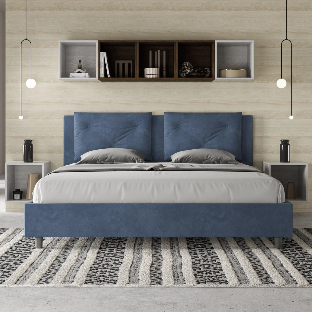 BS COM Letto matrimoniale king size senza rete imbottito 190x190 microfibra blu