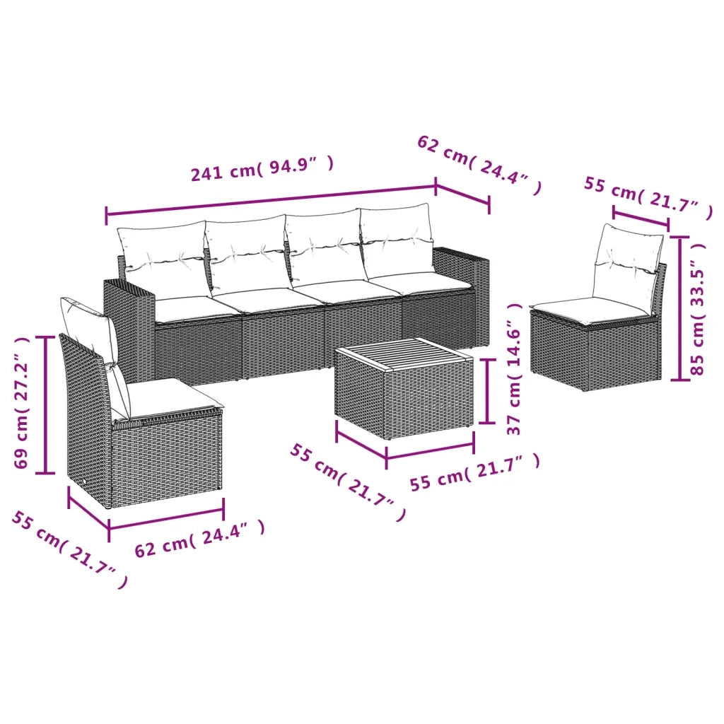 Set Divano da Giardino 7 pz con Cuscini Beige Misto Polyrattan 3256402