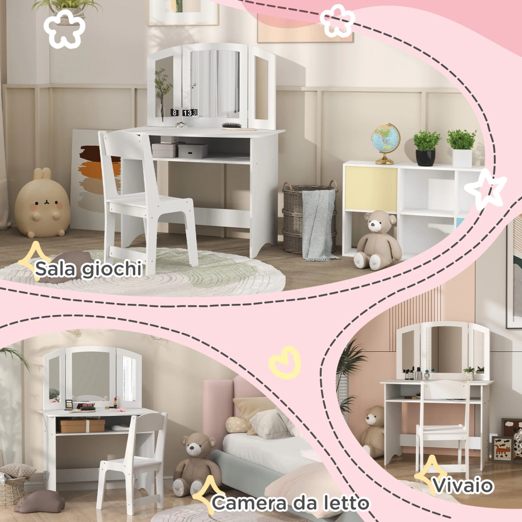 Tavolo Toeletta con Specchio e Sedia per Bambini ¨C Minimal ¨C Bianco Legno