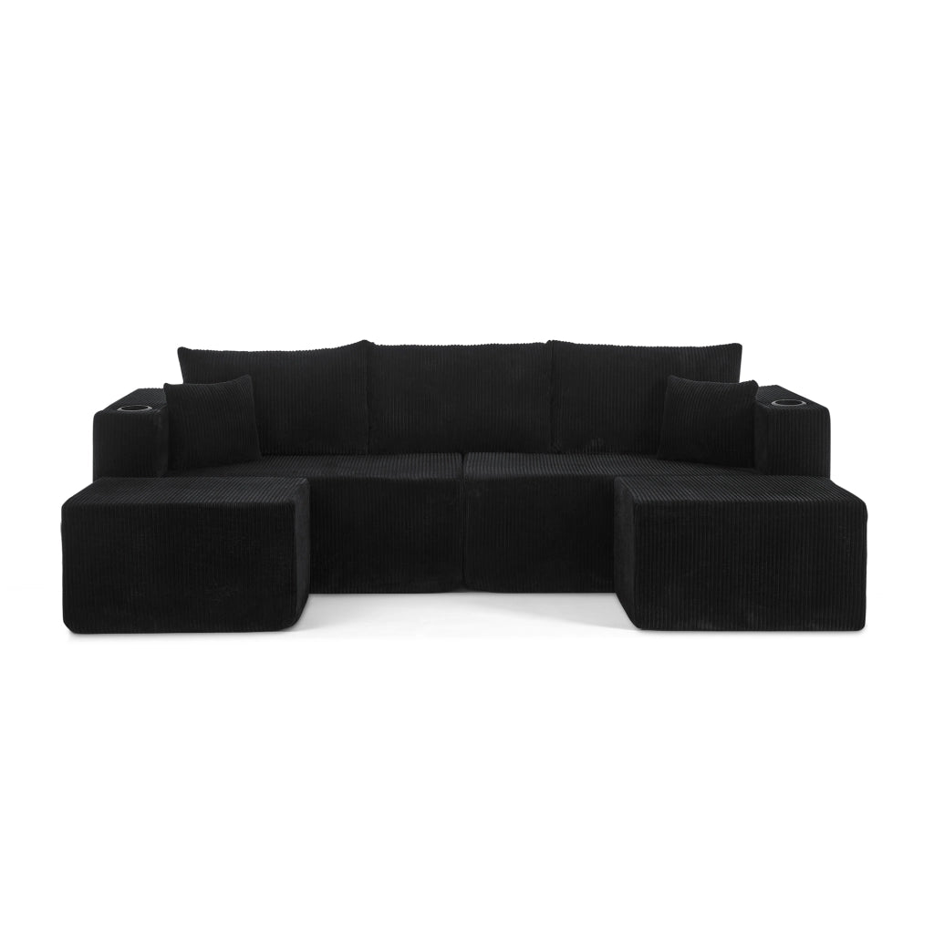 Divano angolare modulare 3 posti con 2 pouf mobili; portabicchieri e tasche laterali; nero