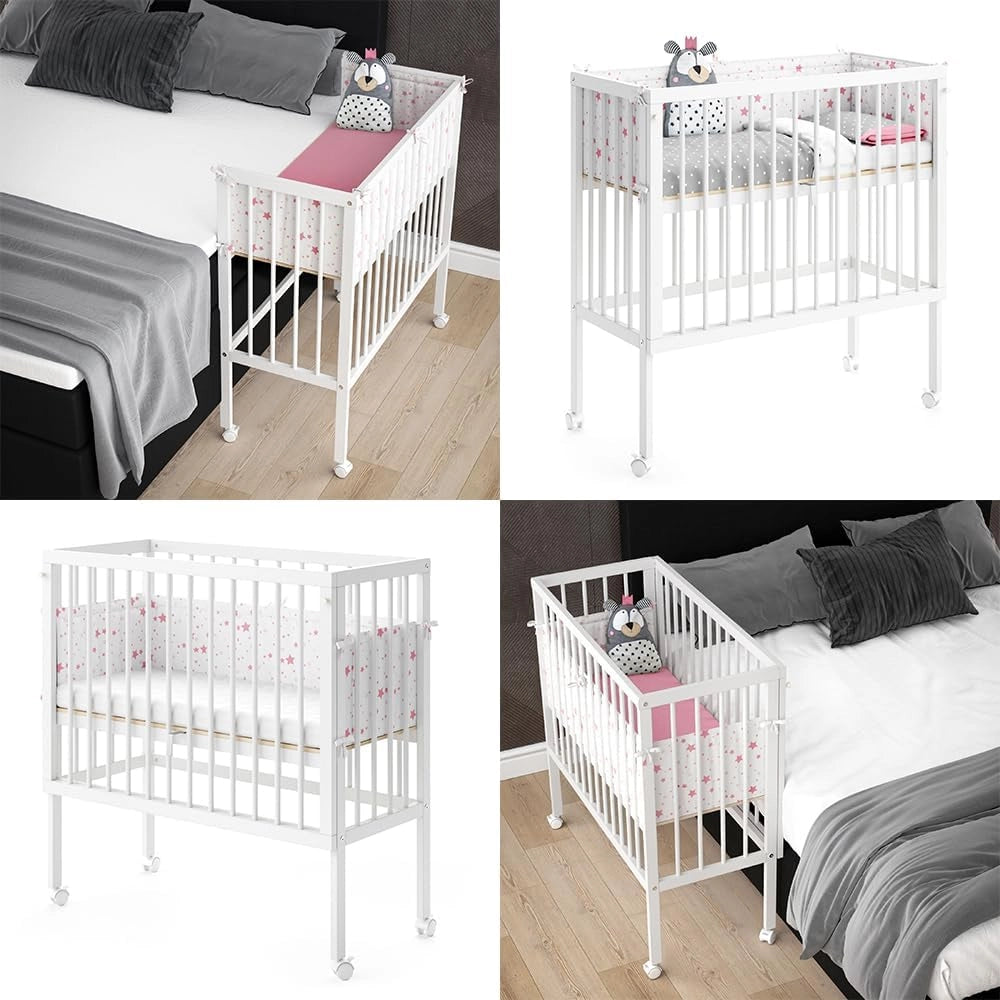 Lettino da attaccare al letto Sophie, Bianco, 94 x 42.5 cm 2 guide laterali, regolabile in altezza con ruote e fissaggio al letto dei genitori