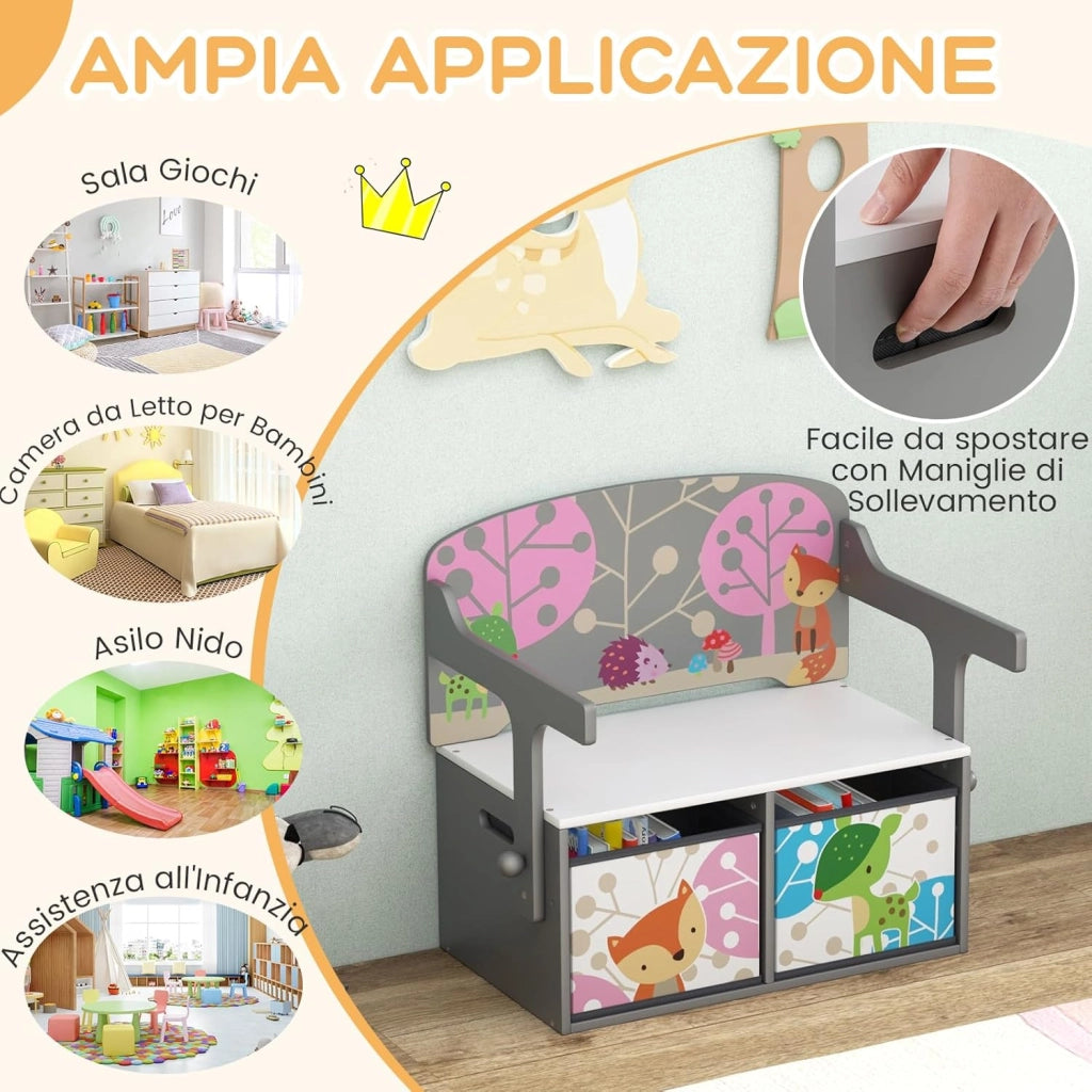 Cassapanca Contenitore 3 in 1 per Bambini Trasformabile in Legno con 2 Cassetti in Tessuto, Tavolo bambini con Sedie Multifunzione, Scatola dei Giocattoli per 3-7 Anni (Grigio)