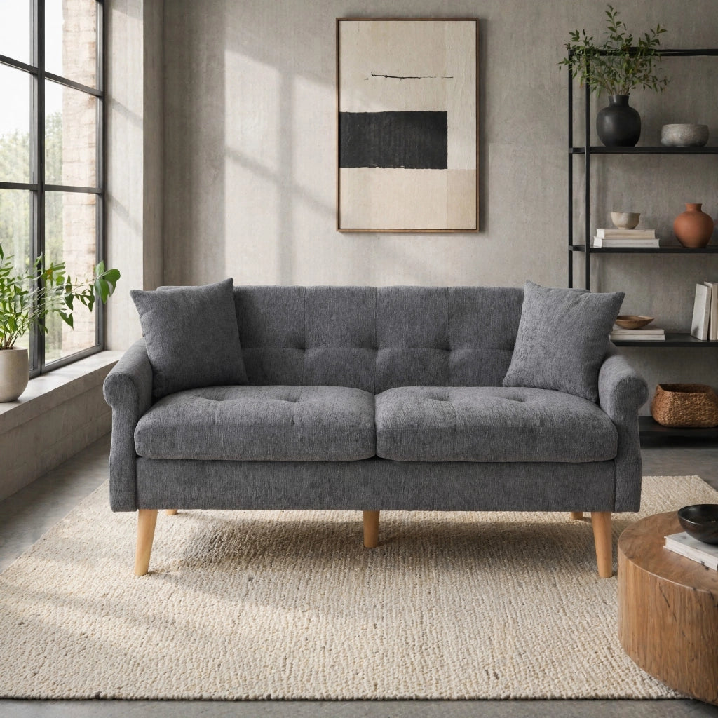 Divano a 2 posti in chenille grigio 162x74x77 cm con cuscini