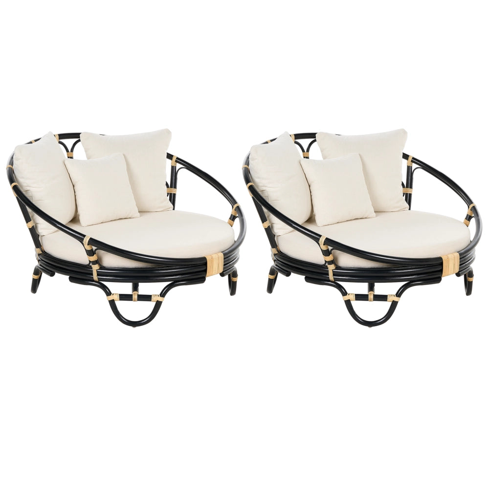 Set di 2 lettini da esterno in rattan beige con cuscini neri resistenti stile boho tradizionale
