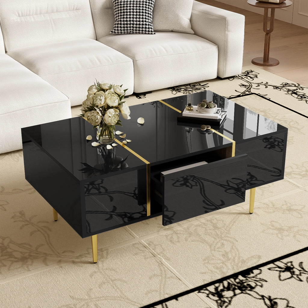 Tavolino da salotto moderno nero lucido con 2 cassetti