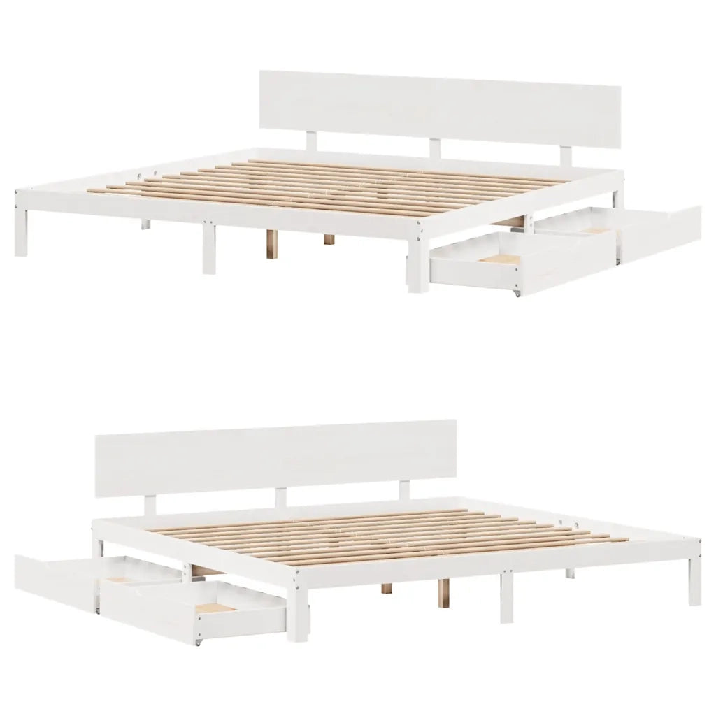 Letto matrimoniale | Letto per adulti | Giroletto con Cassetti Bianco 200x200 cm Legno Massello di Pino