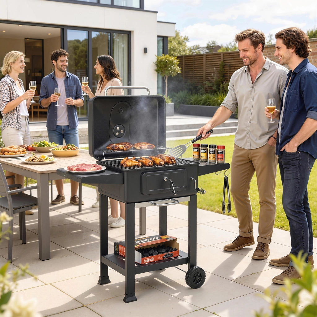 Barbecue a Carbone con Affumicatore ¨C Xylo ¨C Nero con Termometro e Mensole Laterali