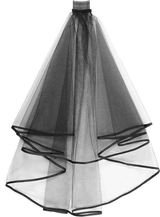 Vestito da sposa a due strati tulle nero per Halloween e cosplay strega, lunghezza manubrio 60-80 cm nero