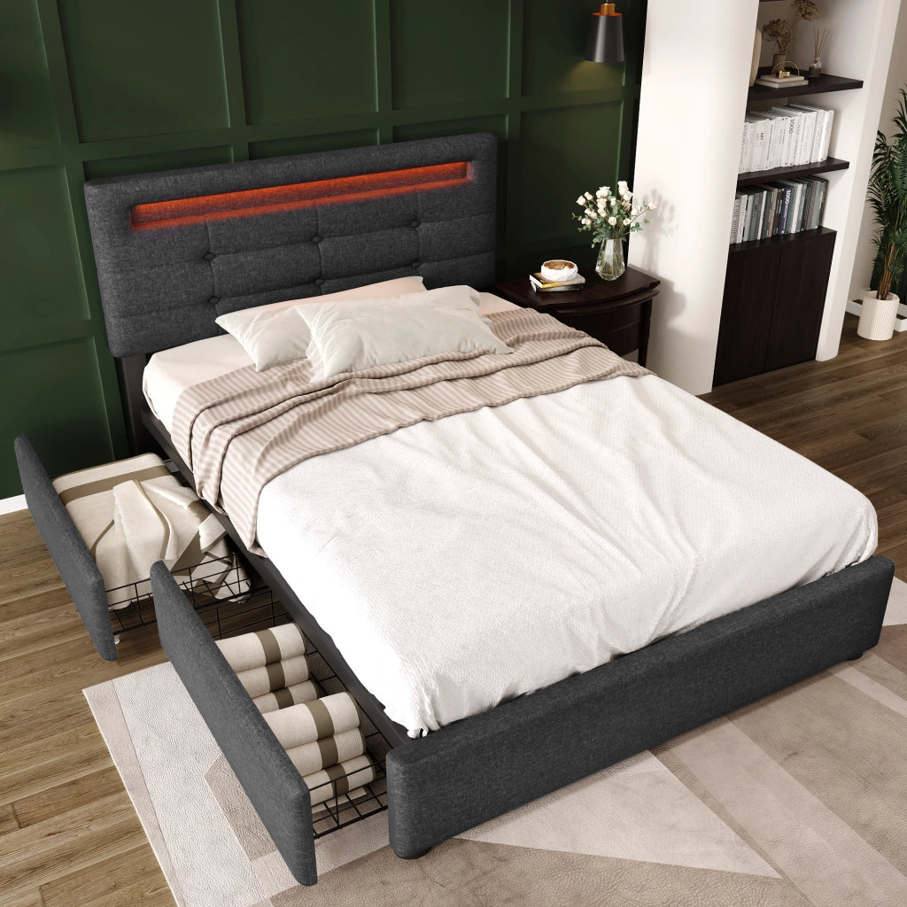 LETTO Singolo 90x200 cm in lino grigio con LED e 2 cassetti