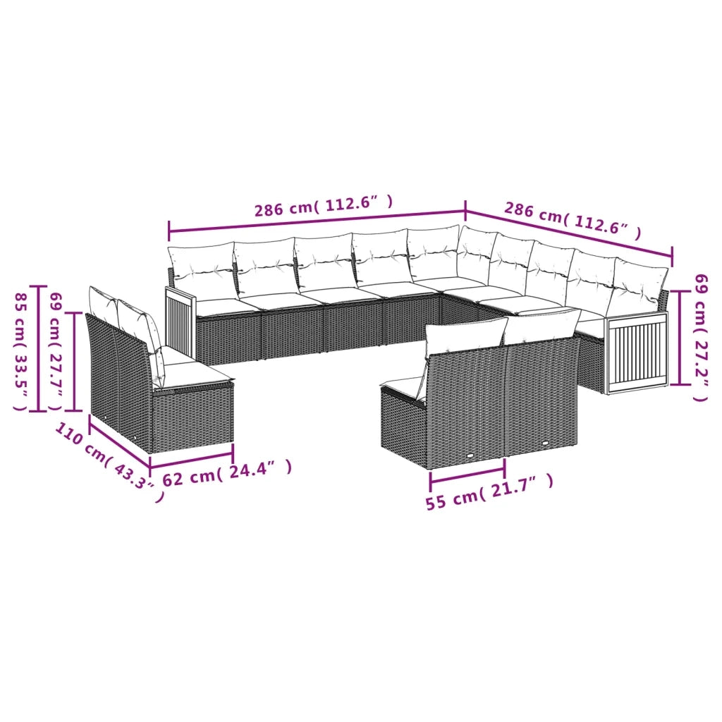 Set Divano da Giardino 13 pz con Cuscini Beige in Polyrattan