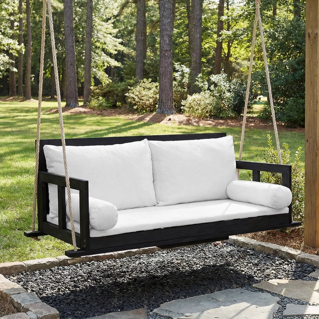 Altalena doppia altalena sospeso per il giardino esterno inclusi cuscini e due corde telaio non incluso. Il cuscino è rimovibile e lavabile. Realizzato in legno di acacia nero+beige