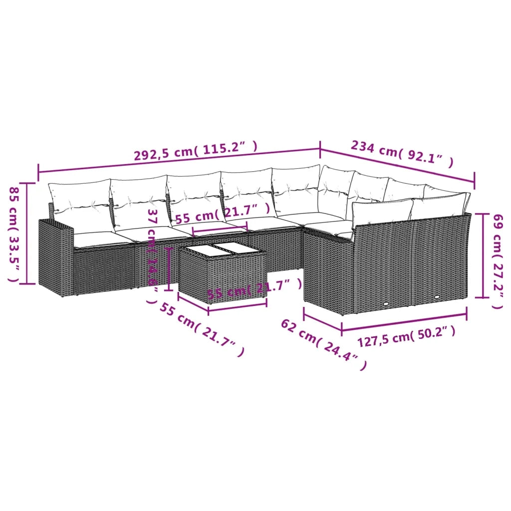 Set Divano Giardino 10 pz con Cuscini Grigio Chiaro Polyrattan 3251789