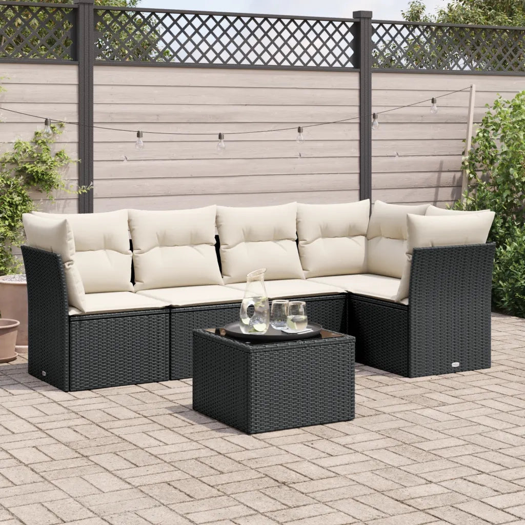 Set Divano da Giardino 6 pz con Cuscini Nero in Polyrattan