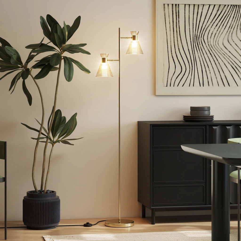 Lampada da Terra Moderna con 2 Luci e Teste Regolabili. Interruttore a Pedale. Oro