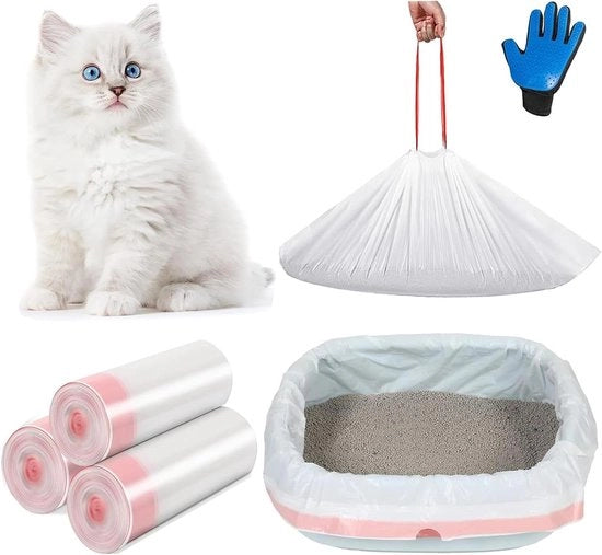 Sacchi di Litter per gatti con cordino + Guanti di massaggio per gatti con pettinatura
