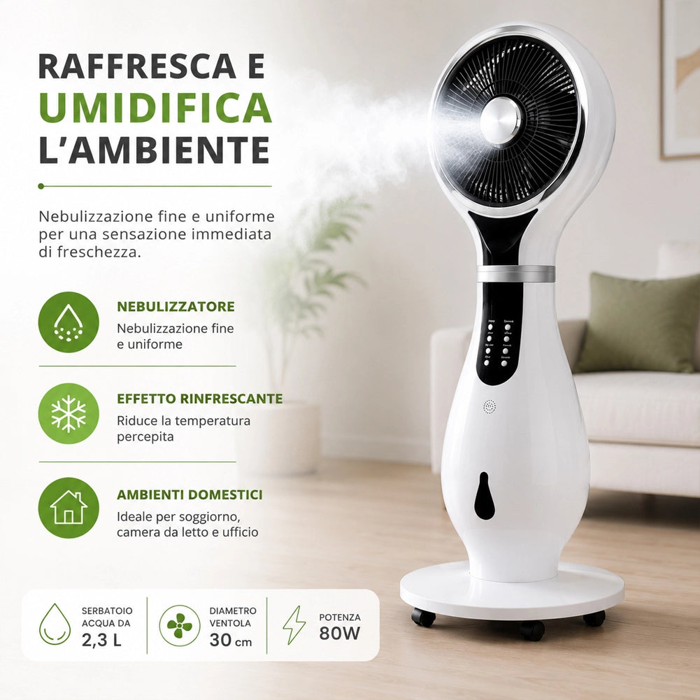 Ventilatore con Ruote Combinato Umidificatore Ioni Anti Zanzare 40x40x110cm
