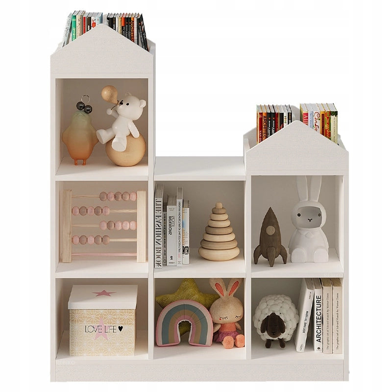 Scaffale bianco per bambini per giocattoli, libri e accessori
