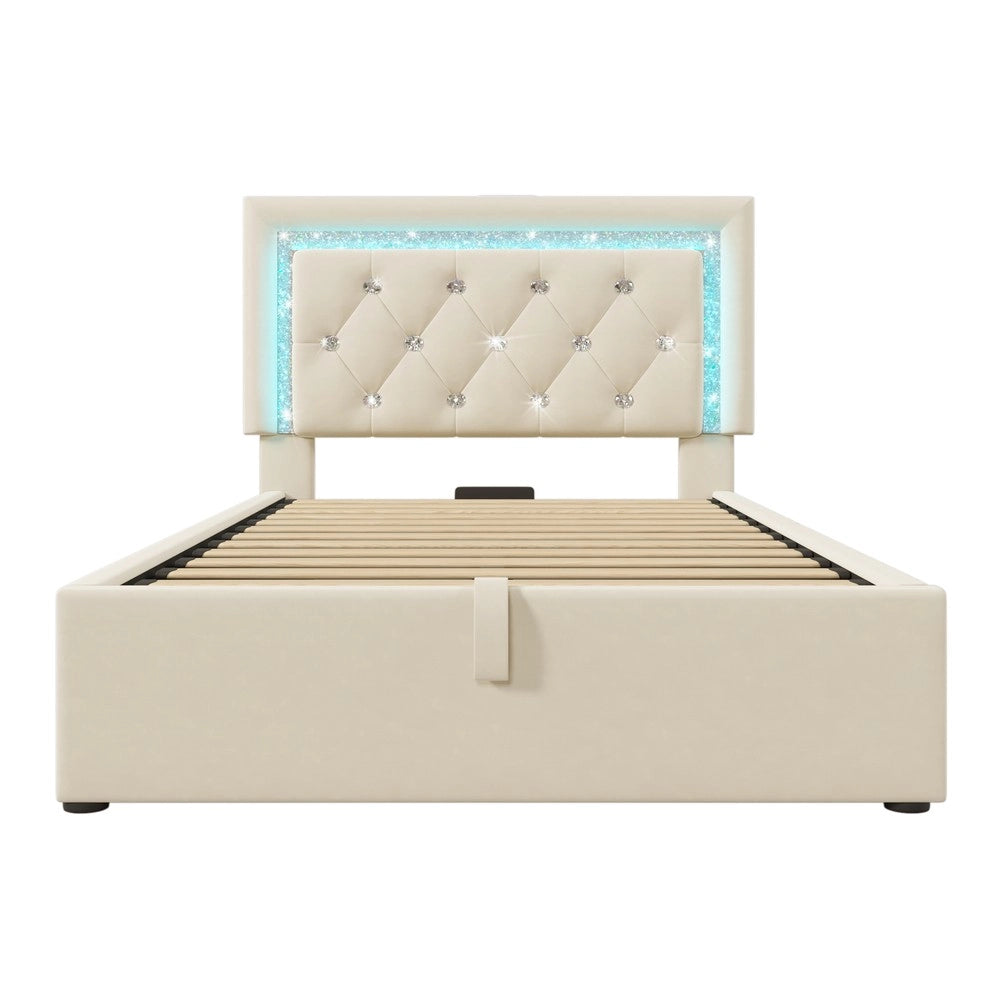 Letto Imbottito Singolo con Contenitore Idraulico e LED ¨C MINIMAL ¨C Velluto Beige 90x200