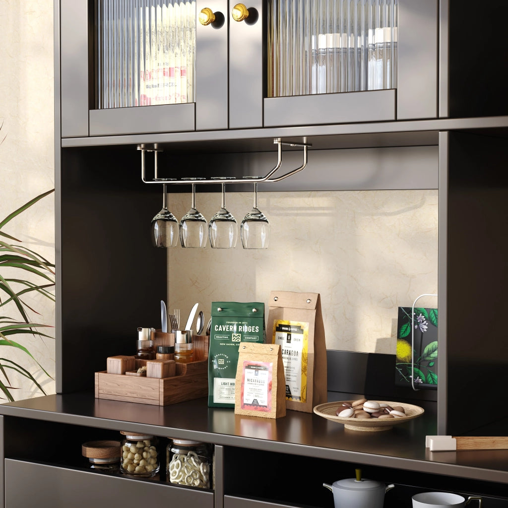 Mobile Alto da Pranzo ¨C Xylo ¨C Nero con Decoro Oro, Ante in Vetro, Porta Calici, 145x39x171