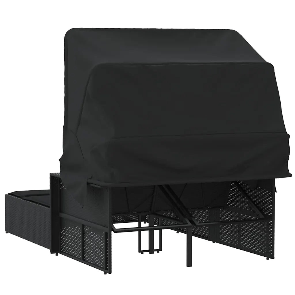 Lettino Prendisole Doppio Baldacchino e Cuscini Nero Polyrattan 365807
