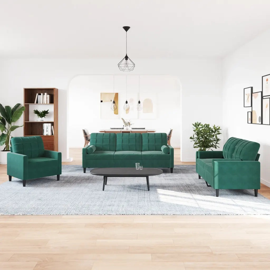 Set di Divani 3 pz con Cuscini e Rinforzi Verde scuro Velluto 3278373