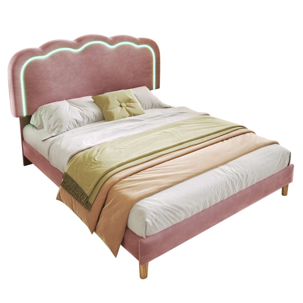 Letto matrimoniale 140x200 cm con testiera regolabile e LED; velluto rosa