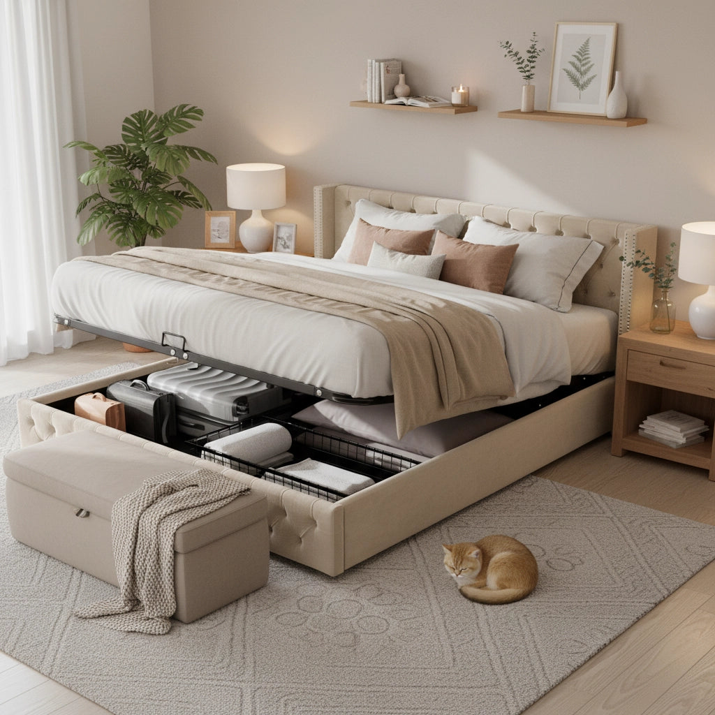 letto imbottito velluto beige 140 x 200 cm