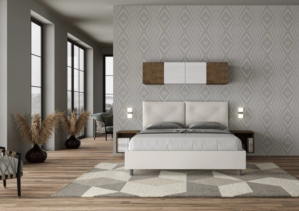 BS COM Letto matrimoniale con rete imbottito 160x190 similpelle bianco