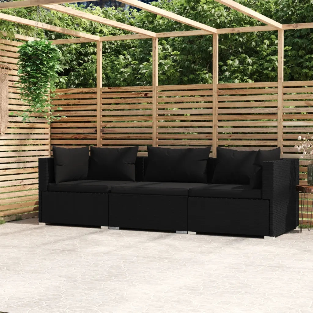 Divano a 3 Posti con Cuscini in Polyrattan Nero 317522