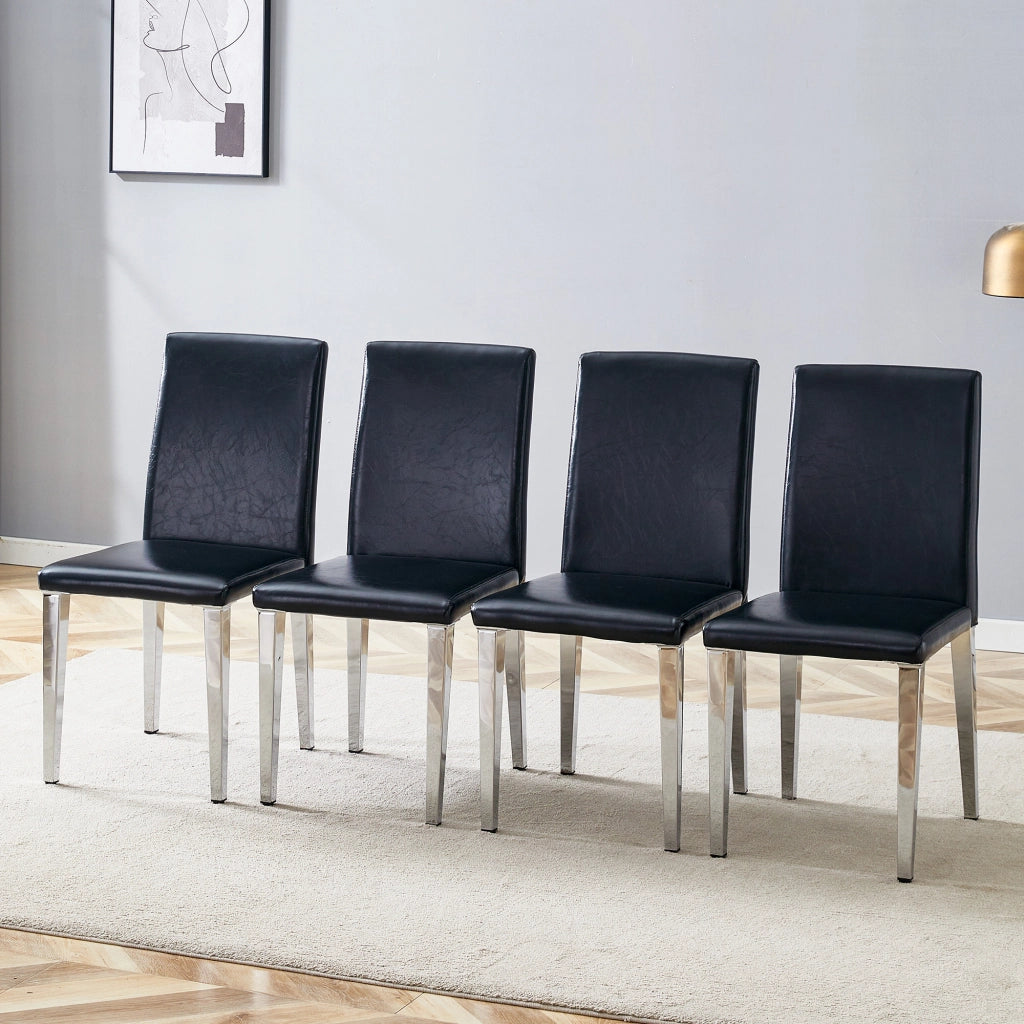 Set 4 Sedie da Pranzo ¨C MINIMAL ¨C Ecopelle Nera, Gambe in Metallo Argento, Moderne