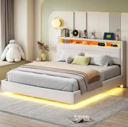 Letto imbottito 160x200 cm; con USB e luci LED; tessuto in lino; beige