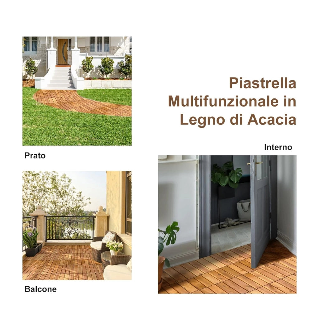 Pavimento Esterno in Legno di Acacia, 27 Piastrelle 30 x 30 cm, Senza Attrezzi, Superficie 2,43 ㎡, Mattonelle in legno per Interno Esterno Balcone Soggiorno (Stile 2)