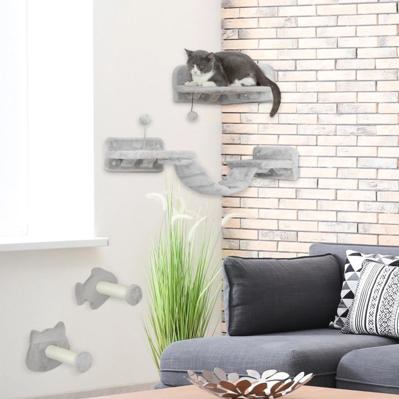 Set parete per gatti a 4 pezzi con piattaforme e scaletta, grigio chiaro