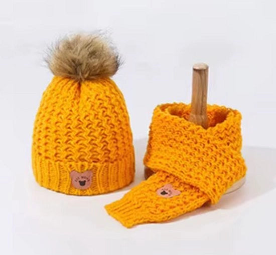 Set di cappello e sciarpa per bambini 2 in 1 - ragazze - ragazzi - inverno - cappello a maglia, per bambini 2-7 anni, Giallo