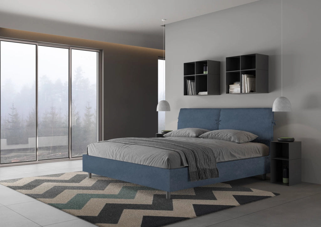 BS COM Letto matrimoniale king size con rete imbottito 200x210 microfibra blu