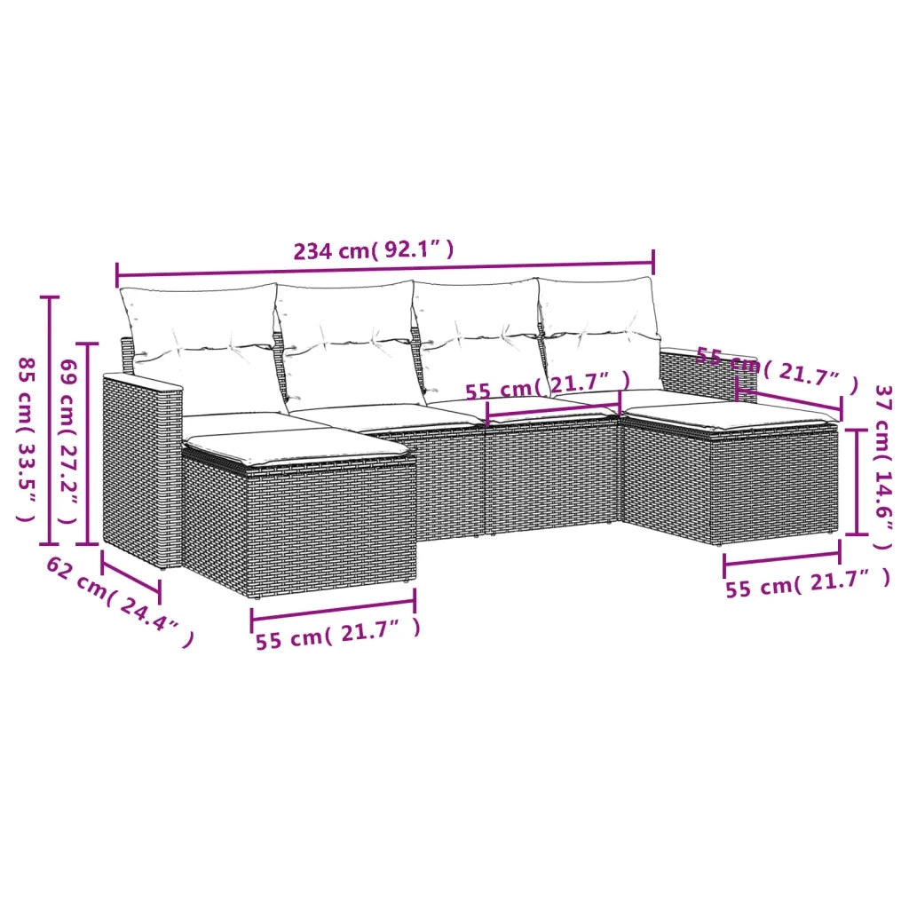 Set Divano da Giardino 6 pz con Cuscini Grigio in Polyrattan