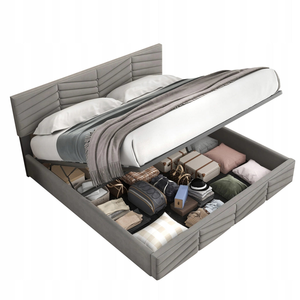 Letto imbottito 140x200 - Xylo - Grigio, velluto, meccanismo idraulico