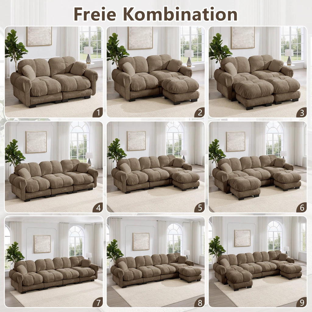 Divano modulare 3 posti con cuscini decorativi e cuciture trapuntate, in chenille marrone 260 × 86 × 90 cm