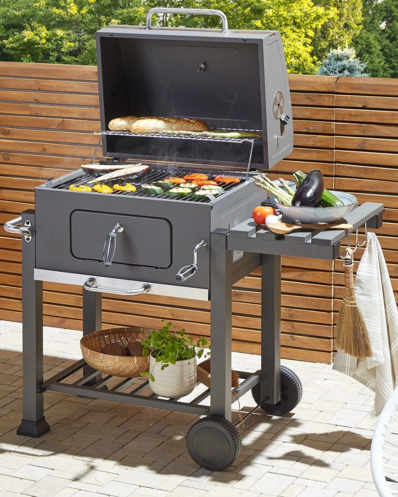 Barbecue a carbonella con ruote da giardino coperchio 2 griglie 2 ripiani termometro
