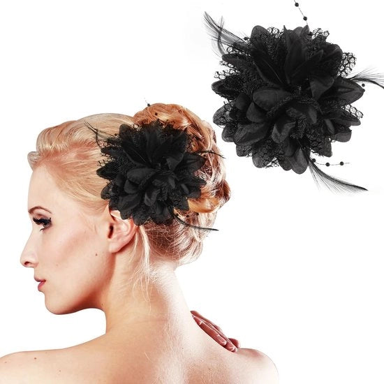 Accessori per capelli a forma di fascinator in stile vintage, 2 pezzi, anni '20, fiori neri, accessori per capelli, stile naturale con piume di pappagallo.