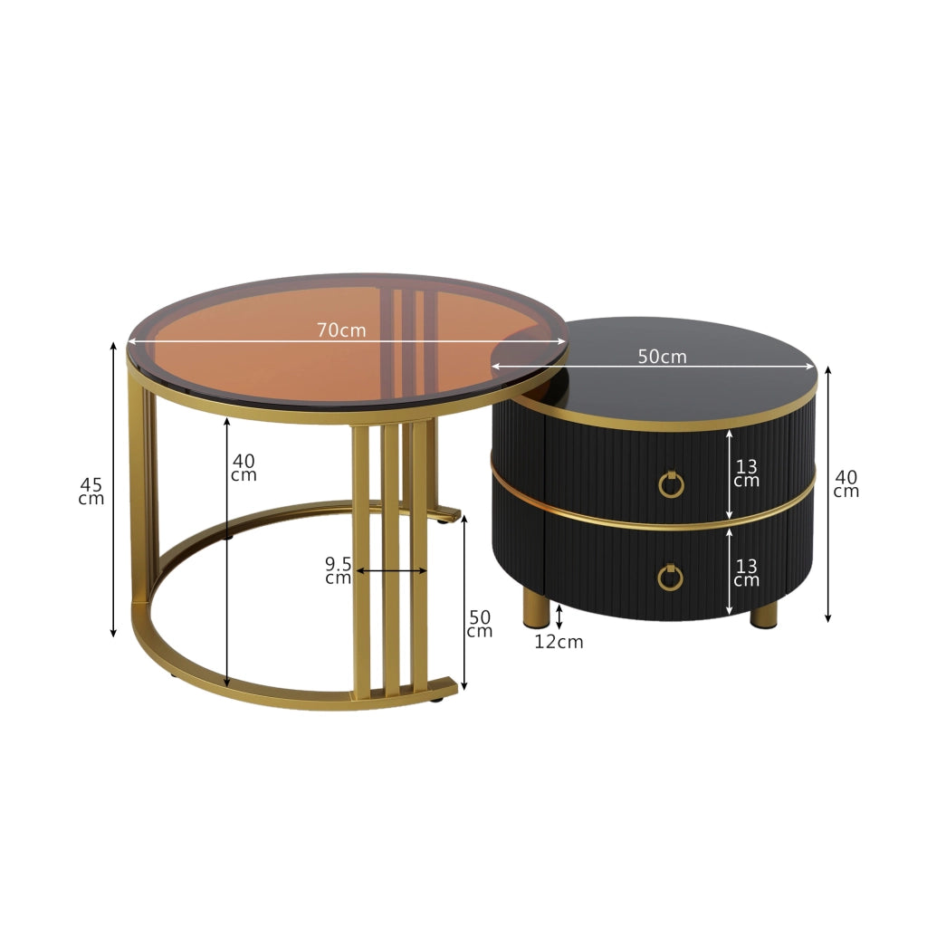 TAVOLINO da caffè rotondo 2 pezzi 70x70x45 + 50x50x40 cm nero e vetro