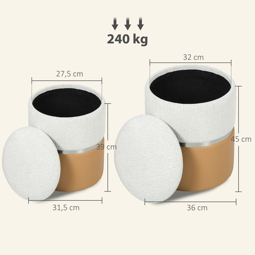 Set 2 Pouf Contenitore ¨C Xylo ¨C Rivestimento Chenilla e Similpelle Marrone e Crema