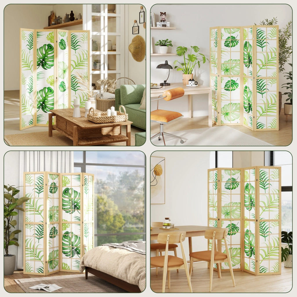 Paravento pieghevole 4 pannelli ¨C Xylo ¨C legno, design tropicale boho, verde