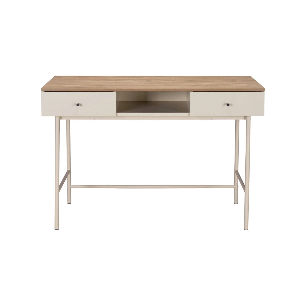 Scrivania decorativa in legno e ferro con 2 cassetti e 1 scomparto,